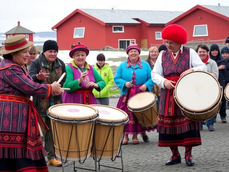 Traditional Greenlandic cultural demonstration with locals in colorful attire
